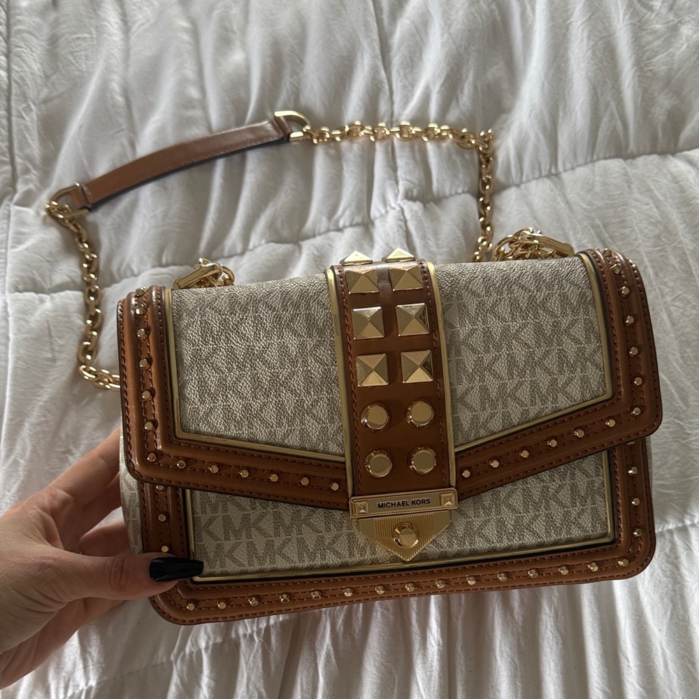 Michael Kors Tan and Cream Crossbody Bag with Gold Accents